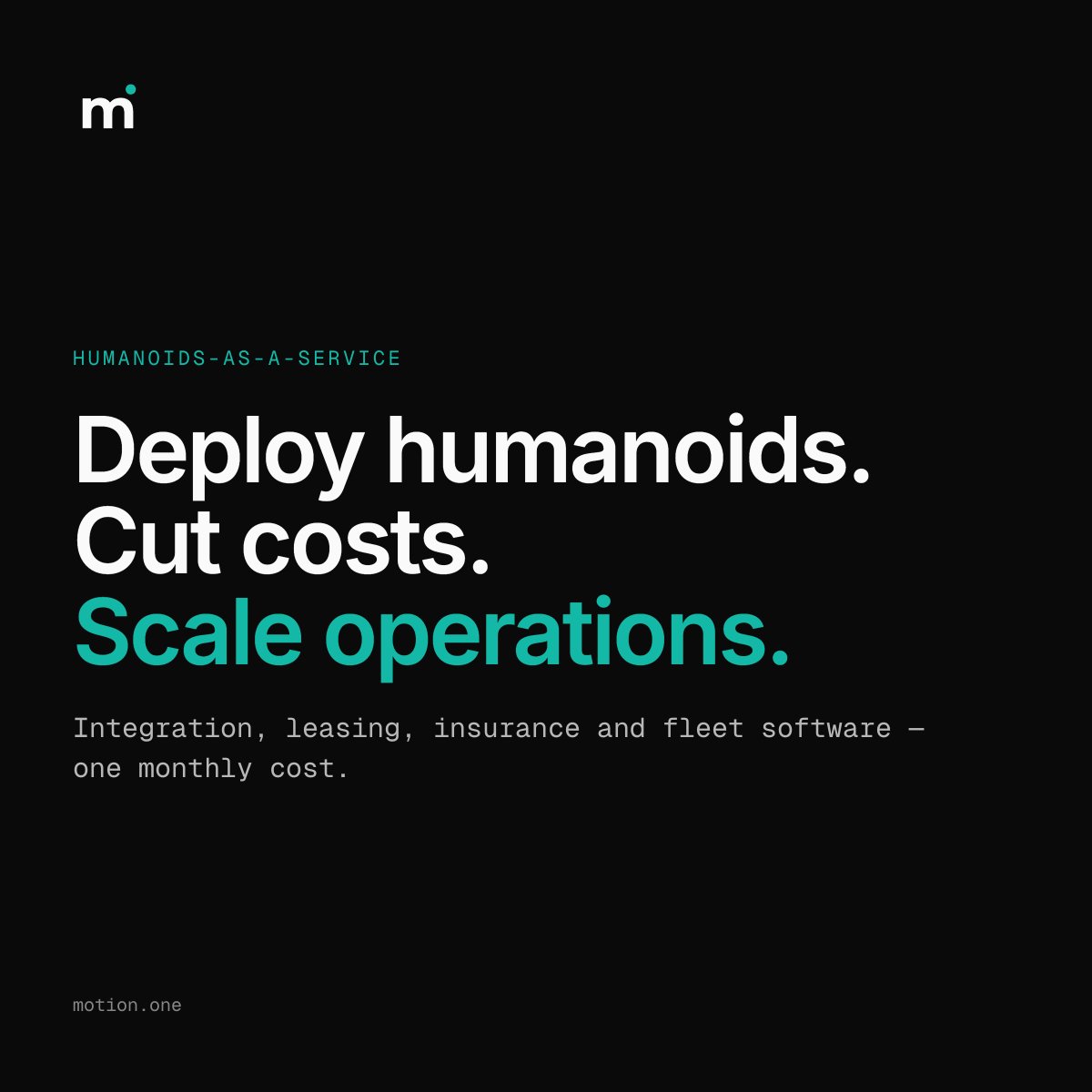 motion1robotics's tweet photo. Deploying a humanoid robot shouldn't require 5 vendors and 6 months of integration.  Motion bundles it all: deployment, leasing, insurance, maintenance, and fleet software. One monthly subscription. Zero CapEx.  Book a free feasibility assessment at https://t.co/braWLlNoq4 https://t.co/DRanPcRtYc