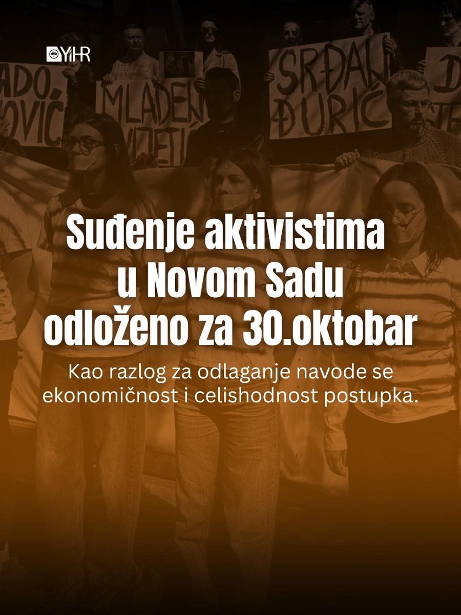 YIHRSrbija's tweet photo. VAŽNO OBAVEŠTENJE! 🚨

Advokati optuženih aktivista iz Novog Sada danas su primili zvaničnu naredbu Višeg suda u Novom Sadu  kojom se glavni pretres, planiran za petak 4.septembar, odlaže za 30.oktobar u 09:30. 

Računamo na vas i 30. 10! https://t.co/y661MS5Vaq