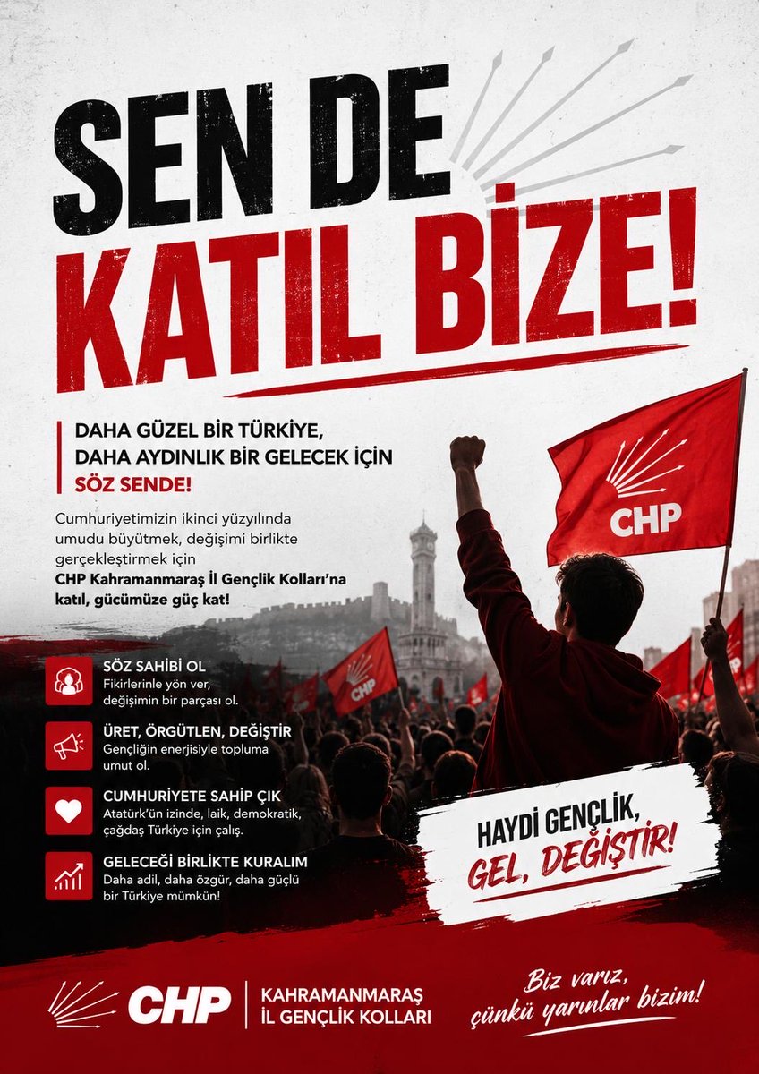 GencKMaras's tweet photo. Geleceği beklemiyoruz, geleceği birlikte kuruyoruz!

Korkmadan, susmadan, geri adım atmadan; Cumhuriyet, adalet ve özgürlük için omuz omuza mücadele ediyoruz.

Gençliğin sözü, Kahramanmaraş ’ın gücü olacak!

CHP Kahramanmaraş İl Gençlik Kolları https://t.co/AyuYFXHOFm