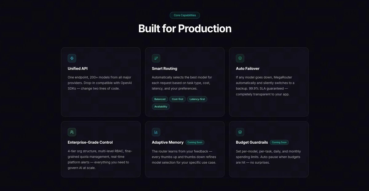 MegaRouterAI's tweet photo. ✨With access to 200+ models, an OpenAI-compatible API, four intelligent routing strategies, 99.9% availability, and fine-grained cost governance, MegaRouter provides an AI orchestration solution designed for production environments.
https://t.co/bWsLtCU2fd
#MegaRouter #LLM #OpenAI