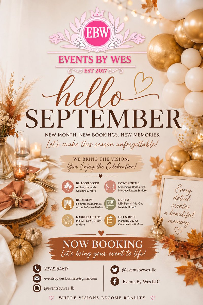 eventsbywes_llc's tweet photo. Fall is officially on the way, and Events By Wes LLC is ready to bring your vision to life! From intimate celebrations to unforgettable milestone events, we’re here to handle the details so you can enjoy the moment. 🥂✨
#EventDecorator #BalloonDecor #MarylandEvents #DMVEvents https://t.co/e9VjpmtRju