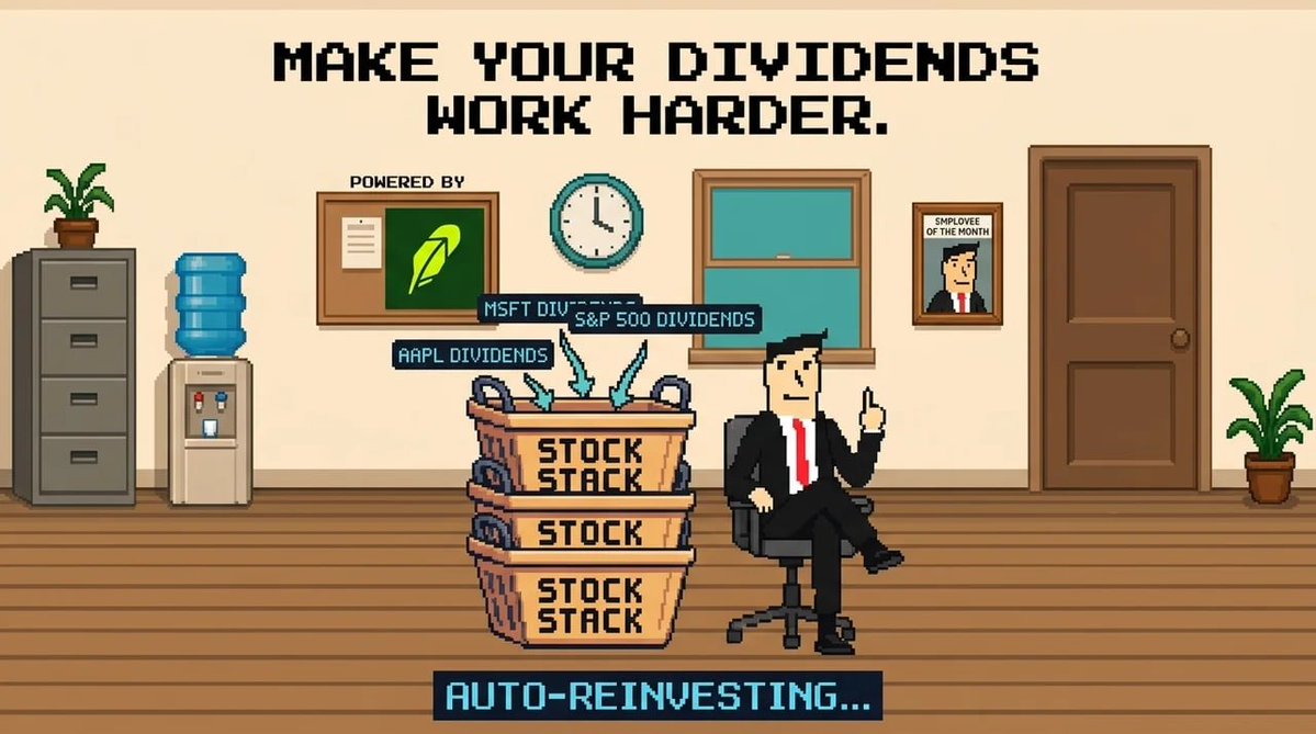 StackmanStock's tweet photo. Stackman is making your Stock Stack work harder.

Dividends from assets like AAPL, MSFT and S&P 500 can now be automatically reinvested into your basket instead of sitting idle.

Your dividends keep compounding your stack automatically, with no extra steps

https://t.co/X3UAXqdKmR