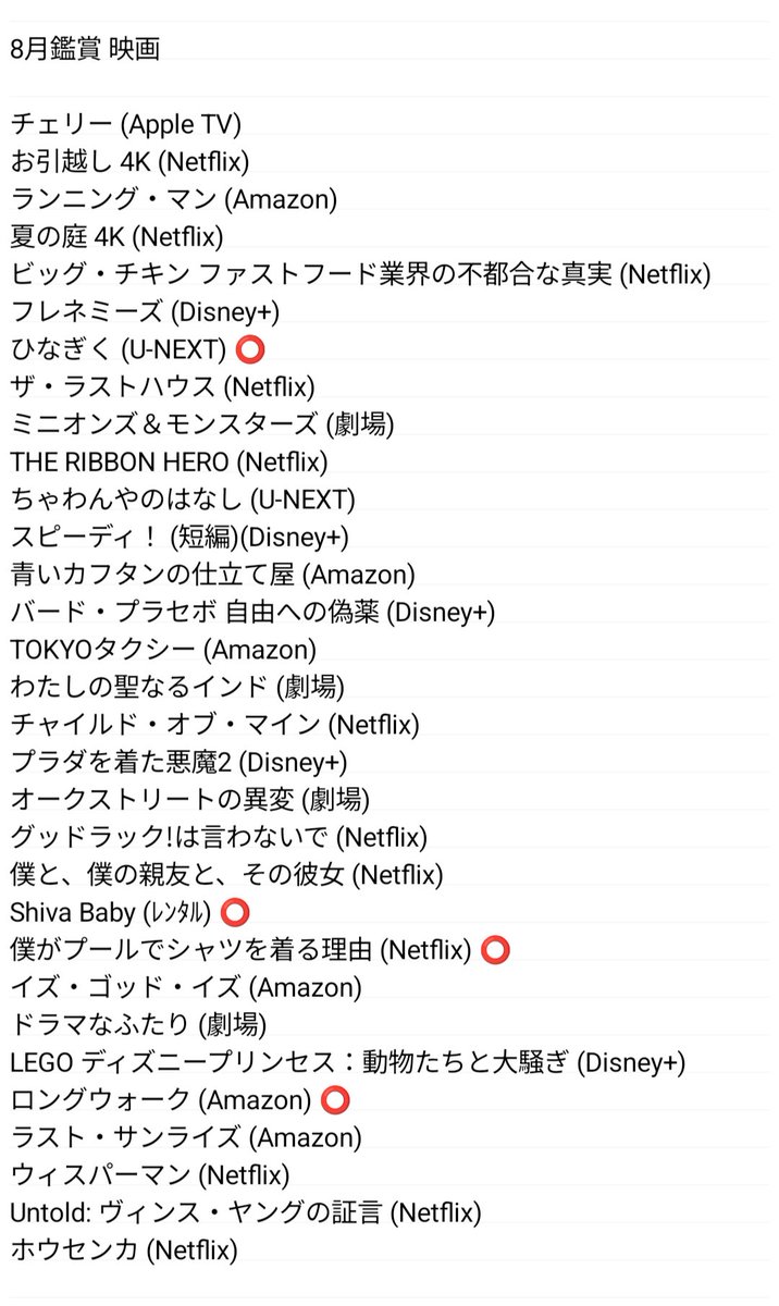 kuderenyat's tweet photo. 8月に鑑賞した映画とTVシリーズをまとめました。
️⭕️が付いてる作品はお勧めです。 https://t.co/kKlEstDrU7
