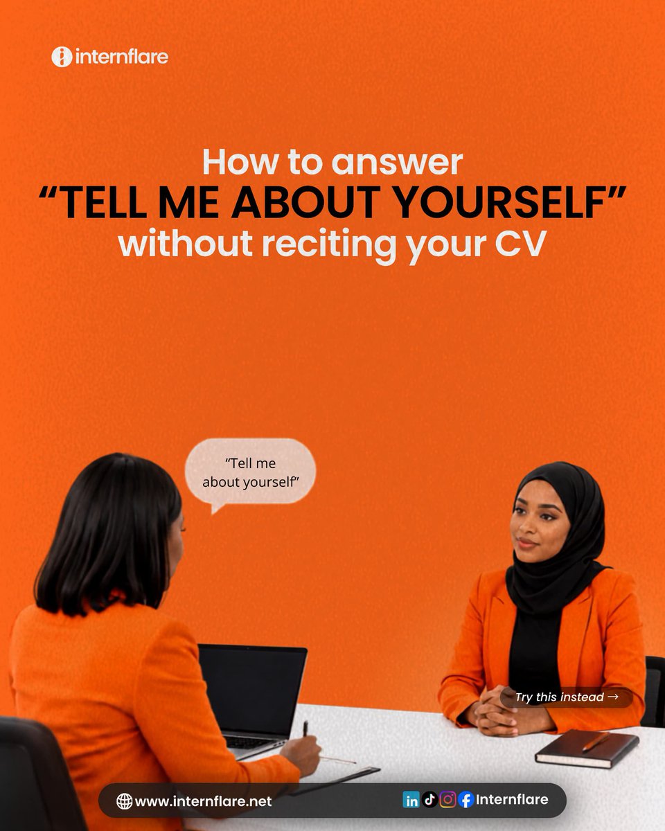 Internflare's tweet photo. “Tell me about yourself” doesn’t mean recite your CV. 🎯
Focus on where you are NOW, what you’ve PROVEN, and where you��re headed NEXT.
Your story should show value, confidence, and direction.
Swipe through and learn how to answer it better. 🚀
#CareerTips #JobSearch #InternFlare https://t.co/TYtFoNThEJ