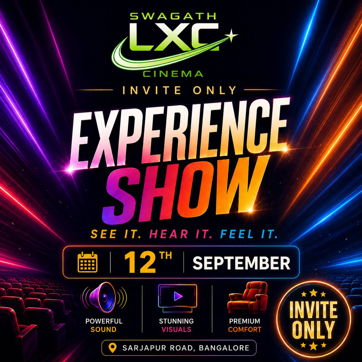 SwagathLXC's tweet photo. Mark your Calendars. The wait is over. 🎬✨

The Swagath LXC Experience Show is happening on 12th September!

Get ready to SEE IT. HEAR IT. FEEL IT.
Powerful sound. Stunning visuals. Premium comfort.

DISCLAIMER: This is an invite-only experience https://t.co/nJ5cdGLoHS