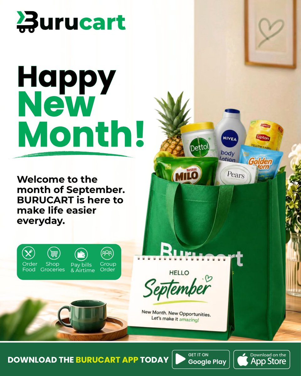 BurucartHQ's tweet photo. New month, same easy way to get what you need. 🛒✨

Order food, shop groceries, pay bills &amp; more with Burucart. 📲

Download the app and let’s make September amazing. 💚🚀

#Burucart #September #Abuja https://t.co/mPgyIJbyA7