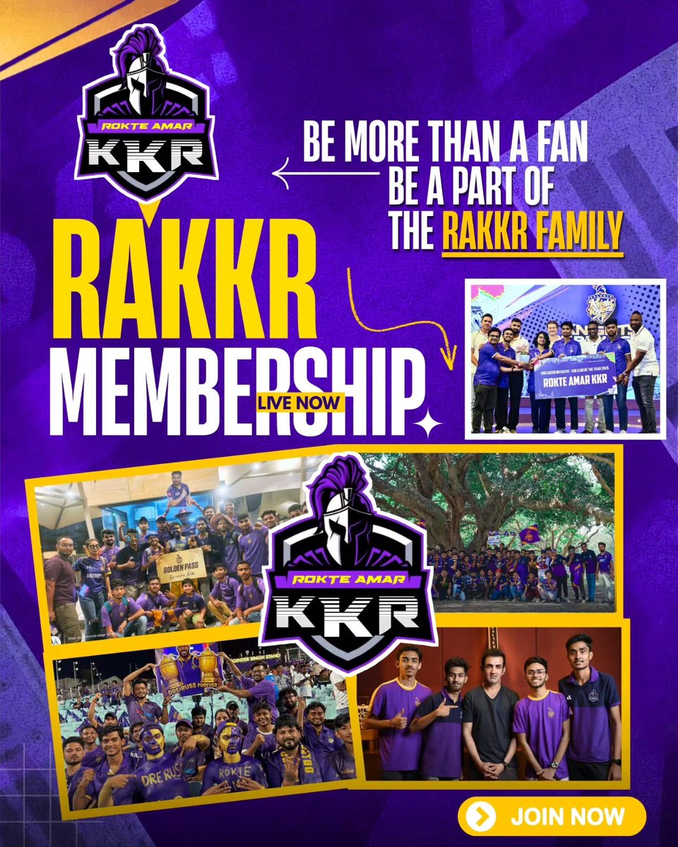 Abhinandan78381's tweet photo. 💜 DON'T MISS THE CHANCE TO JOIN THE BIGGEST KNIGHT UNIVERSE 💛
A new chapter begins.
RAKKR, The biggest fan club of Kolkata Knight Riders, proudly announces the launch of its NEW MEMBERSHIP PROGRAM

📝 Apply for RAKKR Membership:
👉 https://t.co/ciNu8ff9Rw

#JoinRAKKR https://t.co/jcgk7n6OCQ