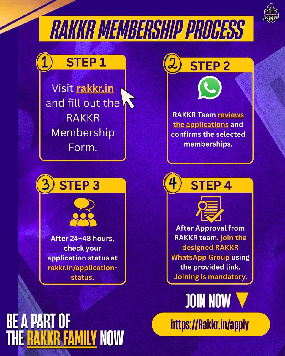Abhinandan78381's tweet photo. 💜 DON'T MISS THE CHANCE TO JOIN THE BIGGEST KNIGHT UNIVERSE 💛
A new chapter begins.
RAKKR, The biggest fan club of Kolkata Knight Riders, proudly announces the launch of its NEW MEMBERSHIP PROGRAM

📝 Apply for RAKKR Membership:
👉 https://t.co/ciNu8ff9Rw

#JoinRAKKR https://t.co/jcgk7n6OCQ