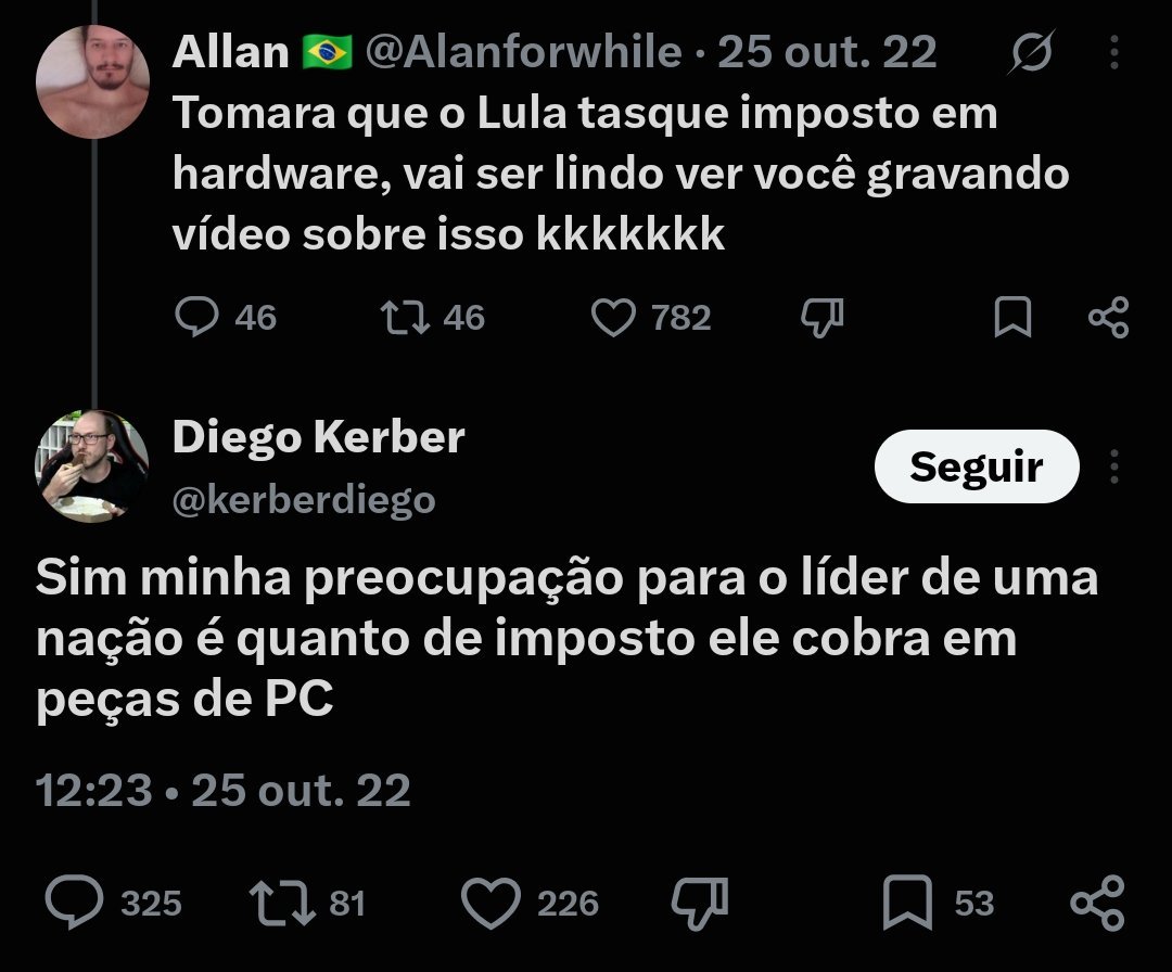 levisback's tweet photo. O melhor discurso do Gaulês é quando ele fala que o pobre tem tudo aquilo que o capitalismo pode oferecer, TV, celular, carro, videogame etc., mas, por outro lado, não tem praticamente nada daquilo que o governo deveria oferecer, como saúde, segurança e educação.

Antes de eu nascer já era assim. Hoje continua sendo assim e vai continuar sendo. 

A única forma de escapar disso é fazendo o que esse hipócrita fez, vazar desse lixo.

Até lá, se um político puder ao menos diminuir os impostos sobre produtos importados que sequer são produzidos no Bostil, esse cara merece sim o seu voto. O Estado bostileiro já provou ao longo de décadas que a única coisa boa que ele é capaz de fazer é não atrapalhar a sua vida, de resto esquece, vão sugar até seu último centavo sem entregar nada de volta.

Esses caras não têm o mínimo de misericórdia com o próprio público, bicho. É um nível de egoísmo que chega a ser patológico. Como esse tipo de coisa não atinge diretamente a vida deles, foda-se o resto. O importante é manter o público sem nada mesmo para não perder audiência.

Afinal, quem compra um videogame, monta um PC gamer não perde mais tempo assistindo ao conteúdo merda deles.