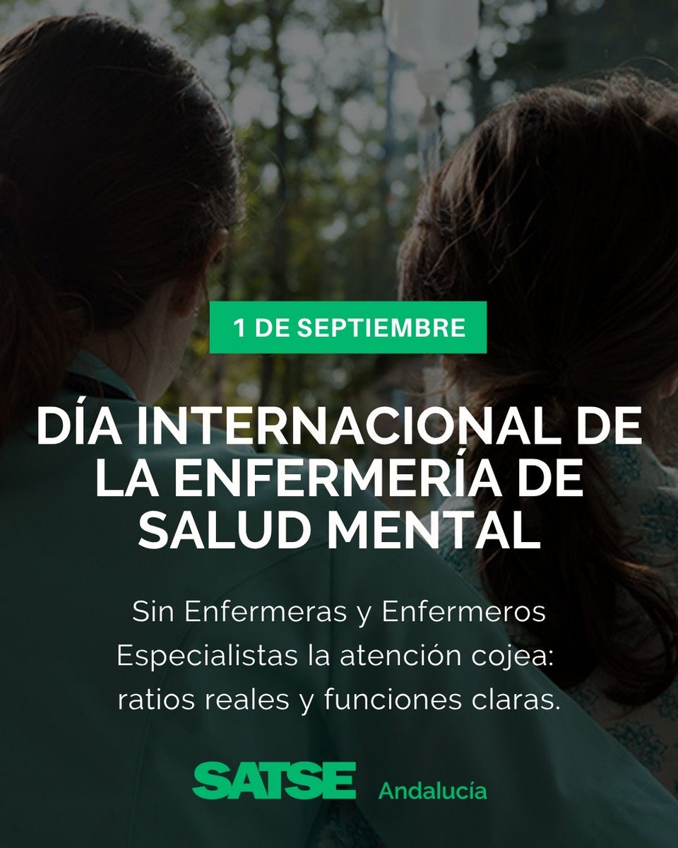 SATSE_Andalucia's tweet photo. 🧠 En el Dia Internacional #EnfermeríaSaludMental #SATSE pide: ✅reforzar el papel de la enfermera Especialista ✅mejorar las ratios ✅definir funciones
👥 Andalucía tiene 1,83 EESM por cada 100.000 habitantes y la media nacional es 2,9 por cada 100.000
👉https://t.co/5nSfBVbcFQ https://t.co/fPAXHJePGG