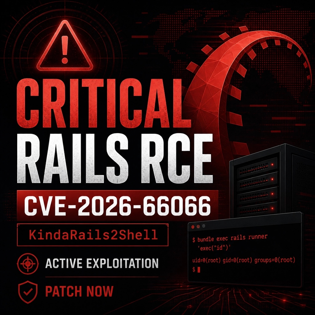 Techsico_IT's tweet photo. Rails devs and DevOps: CVE-2026-66066 (“KindaRails2Shell”) is an actively exploited, unauthenticated RCE via Active Storage/libvips. Patch now: Rails 7.2.3.2, 8.0.5.1 or 8.1.3.1. https://t.co/ugAfYMT4SQ