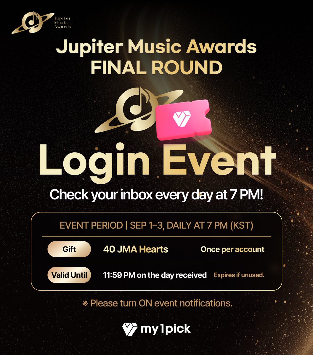 WITHJENOJAEMIN's tweet photo. 📣 [𝗝𝗨𝗣𝗜𝗧𝗘𝗥 𝗠𝗨𝗦𝗜𝗖 𝗔𝗪𝗔𝗥𝗗𝗦 𝟮𝟬𝟮𝟲]
#โหวตเพื่อเจโน่แจมิน #JMA2026 

ประกาศ ๆๆๆ ทางแอป My1pick มีกิจกรรม Login Event แจกตั๋ว JMA Hearts ฟ��ี!! 

🌟 ฟรี 40 JMA Hearts 🎟️ / แอคเคาท์ / วัน

❤️‍🔥 ทุกคนมาเอาตั๋วโหวตฟรีไปโหวต 𝐀𝐥𝐛𝐮𝐦 𝐨𝐟 𝐭𝐡𝐞 𝐘𝐞𝐚𝐫 กันเร็วว!!

🌟 รับได้ทุกวันตั้งแต่วันนี้ - 3 ก.ย. 69 เวลา 17:00 น. ของทุกวัน 

ใช้ได้ภายในเวลา 23:59 น. ของแต่ละวันเท่านั้น อย่าลืมมารับและโหวตออกกันนะ 

͙͘͡★ How to การรับตั๋วฟรี 
❤︎ กด log in เข้า My1pick 
❤︎ กดเข้าไปที่ MYPAGE 
❤︎ กด Inbox > System ก็รับไปเลย 40 JMA Hearts 🎟️ = 1 โหวตฟรี

หากมีข้อสงสัย dm @WITHJENOJAEMIN มาได้เลย 🩵🩷
