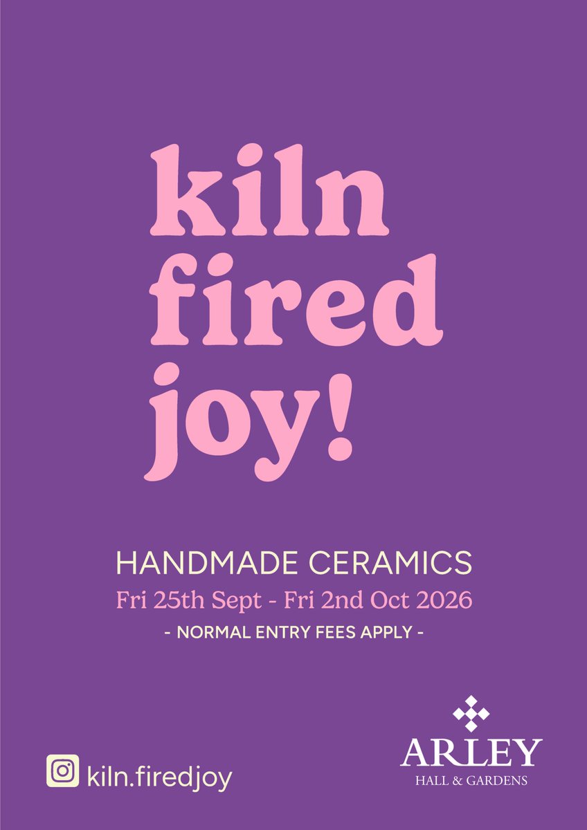 ArleyHall's tweet photo. Kiln Fired Joy! Exhibition
Fri 25 Sept - Fri 2 Oct

Kiln Fired Joy! are a mini collective of four Cheshire based potters. 

Open 10am -5pm
Normal garden entry fees apply.

https://t.co/finFazQIHR https://t.co/Cg0u8TKCeU