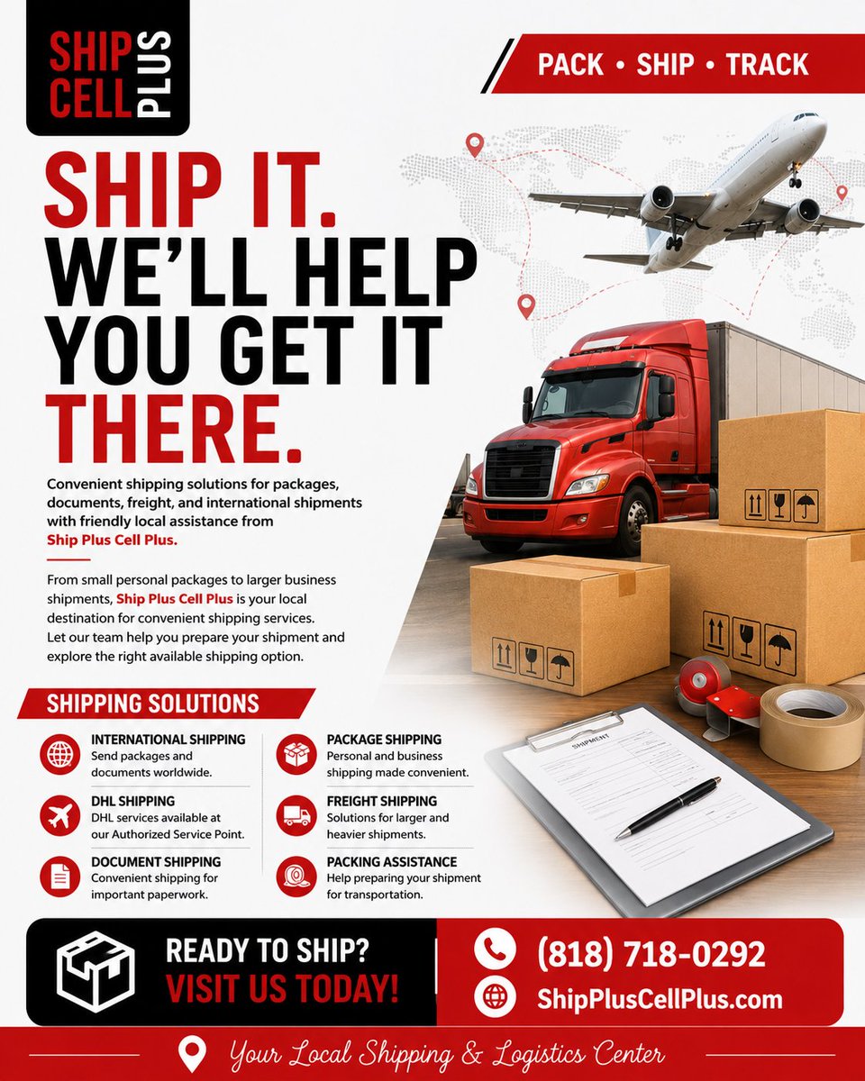 shipluscellplus's tweet photo. π¦ Packages. π Documents. π Freight. π International shipments.
Get convenient shipping solutions with friendly local assistance at Ship Plus Cell Plus. π€
Make your next shipment easier from start to finish!
#Shipping #FreightShipping #InternationalShipping #PackageShipping https://t.co/hkxERbZFSw