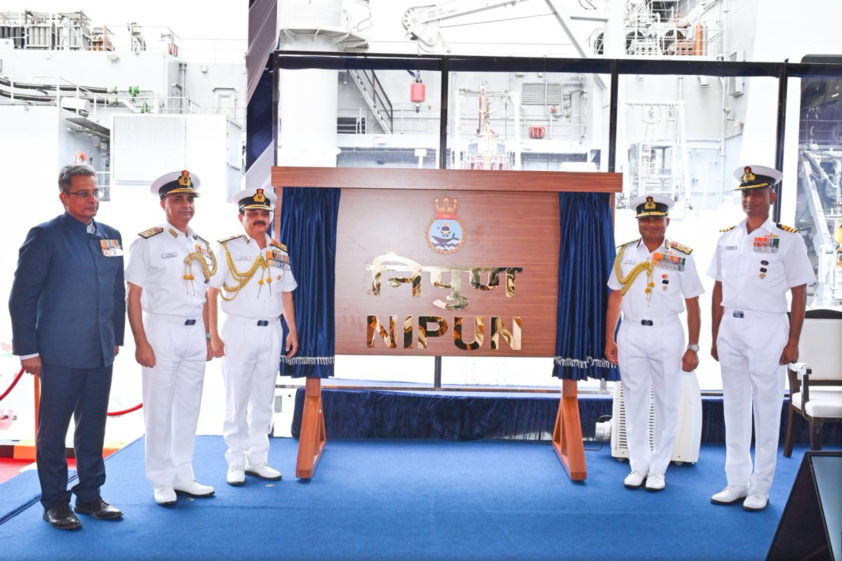 DefProdnIndia's tweet photo. Nischay, Nirbhay, Nipun ⚓
The Indian Navy commissioned INS Nipun, the second Diving Support Vessel (#DSV) of the Nistar Class, at Naval Dockyard, Mumbai, on 31 Aug 2026, marking a significant enhancement of the Navy’s deep-sea diving, underwater intervention and submarine rescue capabilities. It also reflects the contribution of Indian shipyards, domestic industry and associated agencies towards strengthening the Navy’s indigenous capability.
The commissioning ceremony was presided over by Admiral Krishna Swaminathan, Chief of the Naval Staff, in the presence of Vice Admiral Sanjay Vatsayan, Flag Officer Commanding-in-Chief, Western Naval Command.
Indigenously designed and constructed by Hindustan Shipyard Limited (#HSL), Visakhapatnam, #INSNipun has formally entered operational service with the #IndianNavy, ready to support those who operate beneath the waves and contribute to safeguarding India’s maritime interests.
Detail: https://t.co/OVZhA7VKmH
#AatmanirbharBharat #Indigenisation #DefenceProduction #MaritimeSecurity