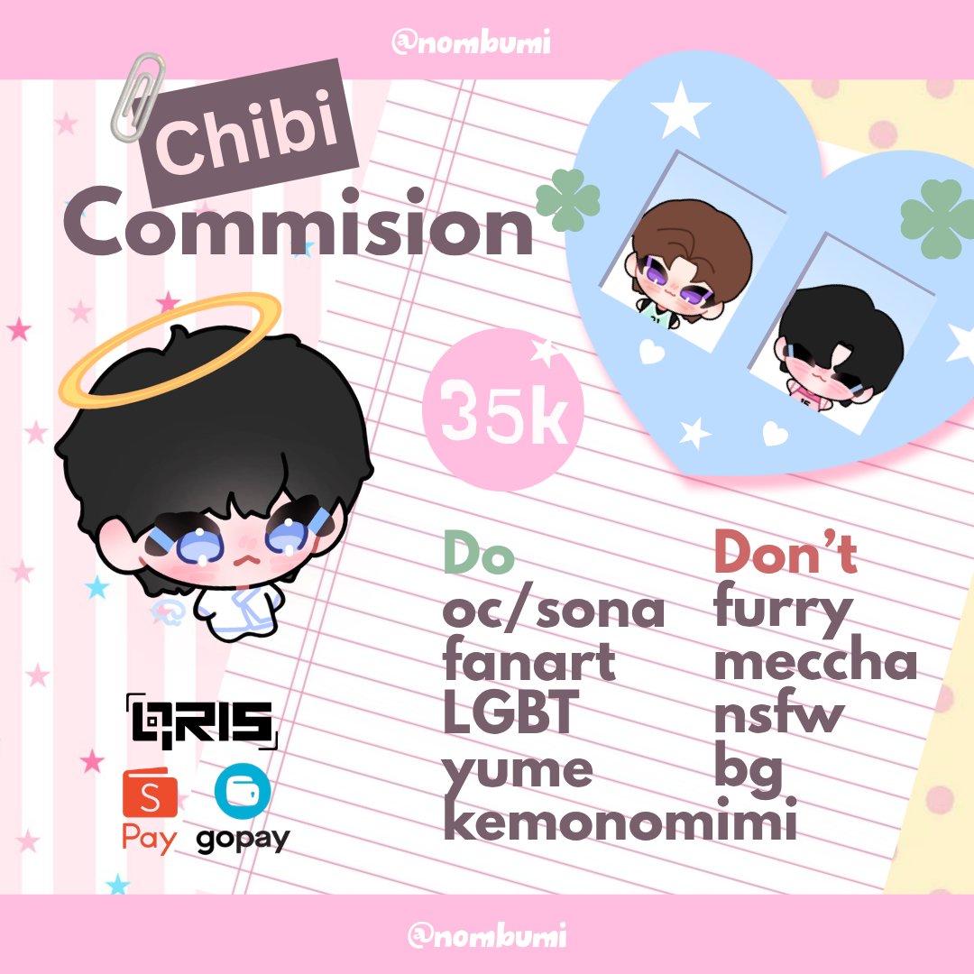 nombumi's tweet photo. ˚₊‧꒰ა CHIBI COMMISION ໒꒱ ‧₊˚
[♡/↺ are appreciated]
REUPLOAD

hii i'm opening chibi commision for local only 🇮🇩 I'll turn ur character into cimol 🌟 DM me if you're interested! 💌૮₍ • ˕ - ₎ა♡
#commisionopen #zonakaryaid #artidn #chibiart https://t.co/8j4mS0yssH