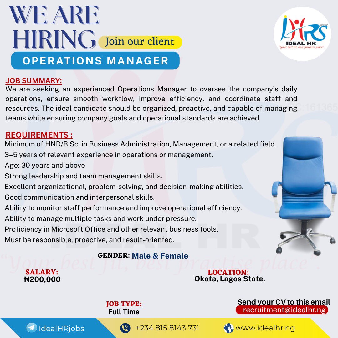hr_ideal's tweet photo. Our client is looking for a results-driven OPERATIONs MANAGER to lead operations, drive growth, and manage teams effectively.

If you have strong leadership skills, strategic thinking, and proven management experience, this opportunity is for you.

We Are https://t.co/R37iIhsFZT https://t.co/ZQfvyh51uq