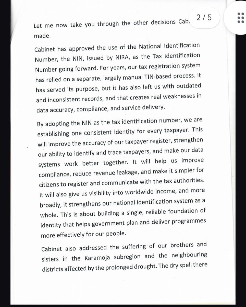 ntvuganda's tweet photo. UPDATE : Cabinet has approved the use of the National Identification Number, NIN, issued by NIRA as the Tax Identification Number for taxpayers, replacing the existing separate TIN registration system.
#NTVNews https://t.co/mLM0Zne7fS