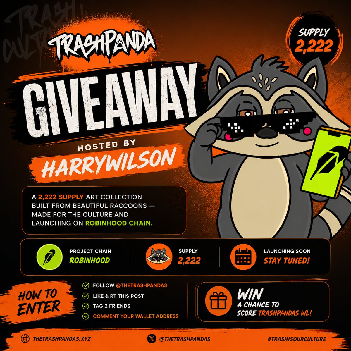 harrywilson011's tweet photo. I'm giving away 13GTD WL Spots for @trashpandas_rh

Supply: 2,222
Mint price: TBA
Date: TBA
Chain: Robinhood

To Enter:
1. Follow @harrywilson011 &amp; @trashpandas_rh 
2. Like &amp; RT this post
3. Tag 2 friends &amp; Drop your EVM wallet 

Good luck🤝 https://t.co/zPbfaXg9Gt