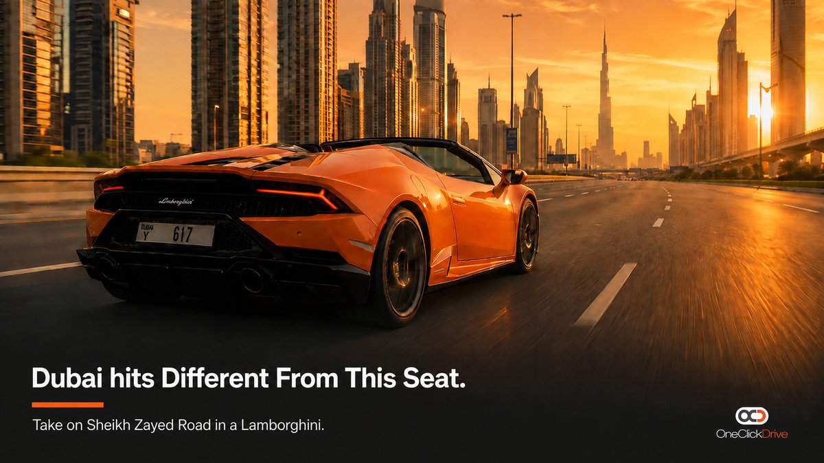 OneClickDrive's tweet photo. 617 naturally aspirated horses. 

No turbo, no shortcuts. 

The Huracan Spyder on Sheikh Zayed Road at golden hour. 

The best way to spend a Dubai evening.

#DubaiCars #Huracan #Lamborghini https://t.co/7mOLbaAkC0