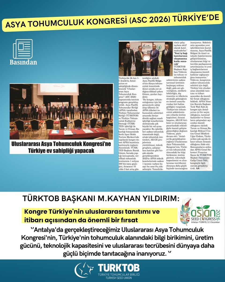 mkayhanyildirim's tweet photo. ❝Asya Tohumculuk Kongresi Türkiye'nin uluslararası tanıtımı ve itibarı açısından da önemli bir fırsat❝
■Kongre kayıtları devam ediyor: https://t.co/aJMO2B0c7P
#asc2026antalya
#SeedYouInAntalya #SeedComesFirst #TurkishSeedSector #GoTürkiye
@apsaseed
@turktedd https://t.co/YCRCiK82f6