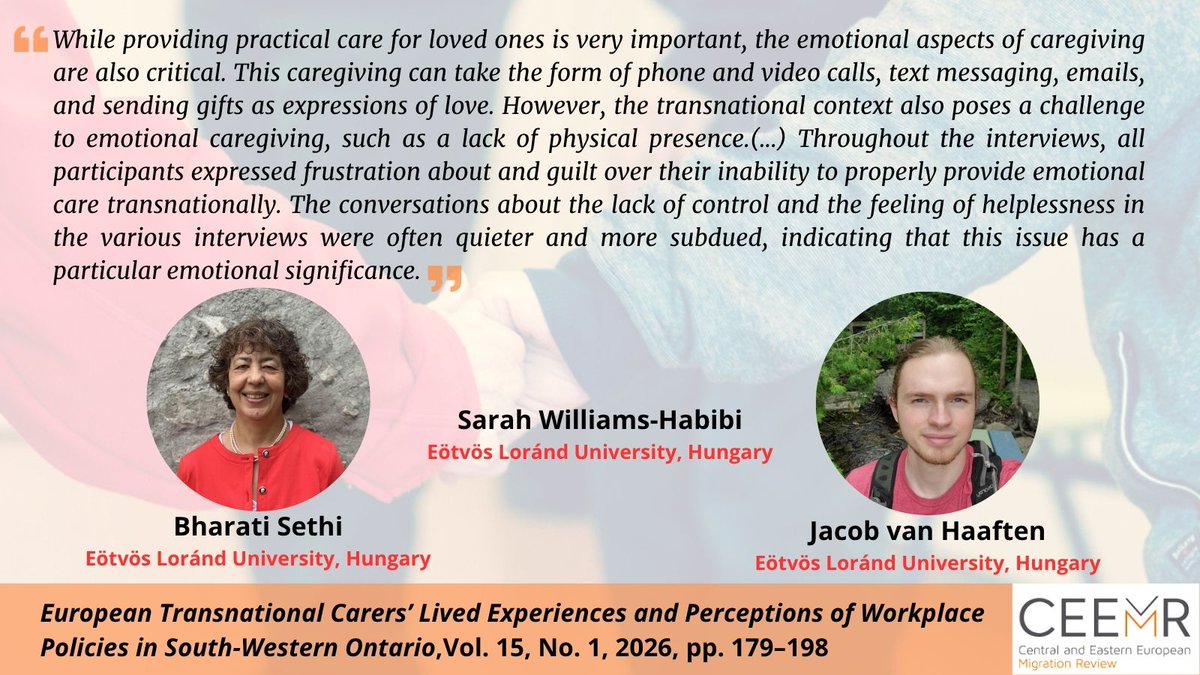 CEEMigrationRev's tweet photo. Van Haaften, Sethi &amp; Williams-Habibi find that European transnational carers’ experiences are mediated by cultural, gendered and occupational factors, as well as cross-border demands. Despite some employer flexibility, limited policy awareness requires carers to self-advocate. https://t.co/D9o1vWdlw4
