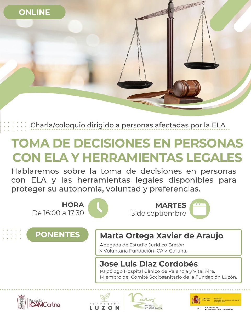 FundacionLuzon's tweet photo. 📣  ¡Apunta la fecha! La semana que viene tenemos una charla sobre la toma de decisiones en personas con #ELA y las herramientas legales disponibles para proteger su autonomía, voluntad y preferencias.

📅 Martes, 15 de septiembre
🕓 16:00–17:30

Con Marta Ortega, abogada de Estudio Jurídico Bretón y voluntaria de la Fundación ICAM Cortina, y José Luis Díaz Cordobés, psicólogo del Hospital Clínico de Valencia y Vital Aire y miembro del Comité Sociosanitario de la Fundación Luzón.

👉 Regístrate aquí: https://t.co/xTt52sCZ1A
