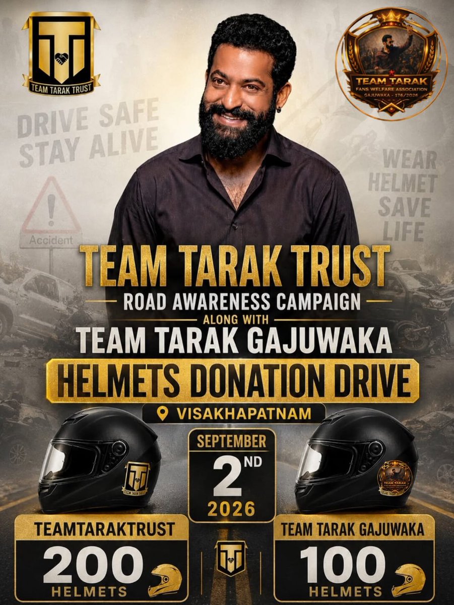 GajuwakaNTRfc's tweet photo. Occasion of Nandamuri Harikrishna gari Jayanthi 🙏🏻..

@TeamTarakTrust Along With Team Tarak Gajuwaka 300 Helmets Donation 
• Road Accident Awareness Campaign on Sep 2nd at 10am.

Old Gajuwaka Junction, Visakhapatnam 📍..
@tarak9999 #ManofMassesNTR https://t.co/tl0eboZ3qE