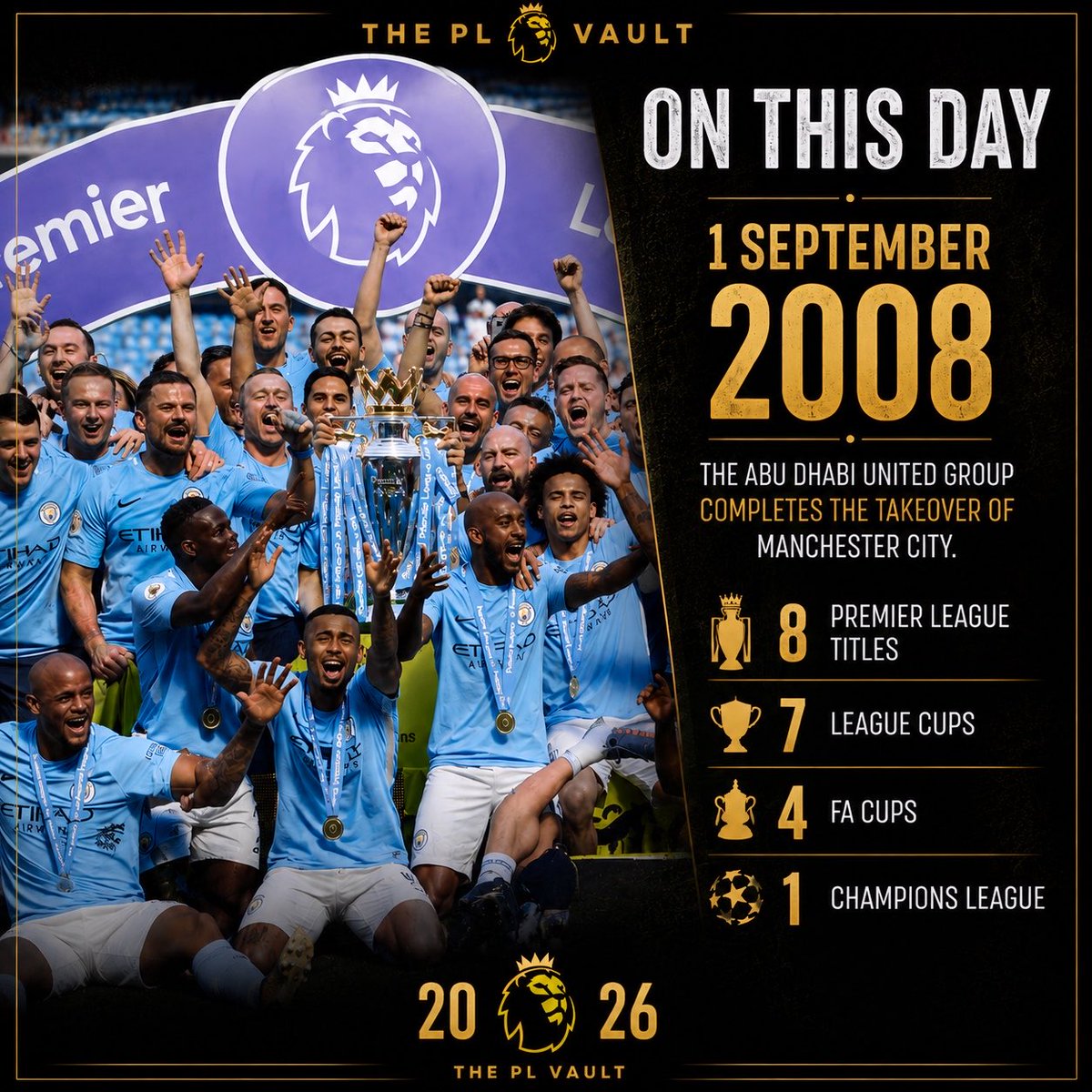 THEPLVAULT's tweet photo. #OnThisDay — 1 SEPTEMBER 2008 🗓️

A date that changed Manchester City forever.

The Abu Dhabi United Group completed the takeover of Manchester City, marking the beginning of a new era for the club.

From one of English football’s historic clubs to a modern-day powerhouse.

One takeover. A new era. 💙

#ThePLVault #ManchesterCity #MCFC #PremierLeague #football #PremierLeagueHistory #FootballHistory #ManCity