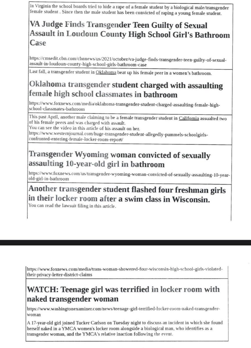 sappholives83's tweet photo. “There is no documented evidence of a transgender person in the US ever causing an issue in the bathroom. We have real issues we need to address. The trans community is not one of them.”
          -Sue Robbins, Equality Utah’s Transgender Advisory Council.

Um….Ms. Robbins? https://t.co/ExujUHMPUX