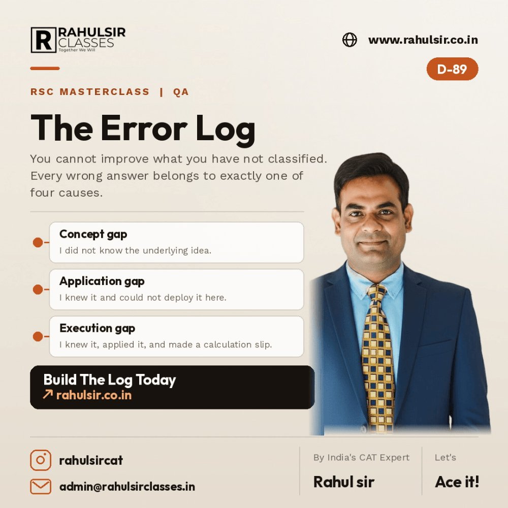 Rahulsirfreecl1's tweet photo. Every wrong answer has exactly one cause: concept gap, application gap, execution gap, or selection error. Each needs a different fix. Solving more questions fixes only one of the four. Build the log.
#CAT2026 #RahulSirClasses #CATQuant #QuantitativeAptitude #CATStrategy #MBAPrep https://t.co/QznCyUHOgR
