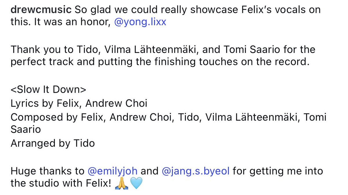 bbi_lix's tweet photo. Slow It Down 같이 작업한 앤드류최 인스타그램🥹🩵

-
So glad we could really showcase Felix’s vocals on this. It was an honor, #Felix https://t.co/kZQluBln9c