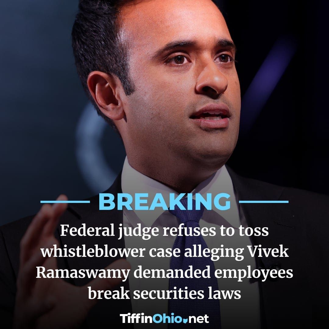 TiffinOhioNews's tweet photo. BREAKING: A former Strive executive says Vivek Ramaswamy demanded she break securities laws, then helped fire her when she refused. A federal judge just ruled her whistleblower claim against Ramaswamy can proceed. Ramaswamy sells his business record as his top qualification to be Ohio's governor. Read more: https://t.co/yyXnYMxIZx