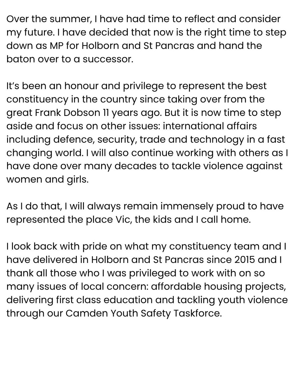 Keir_Starmer's tweet photo. It has been an honour and a privilege to represent Holborn and St Pancras for the last 11 years. 

My statement. https://t.co/xzu4xcIno2