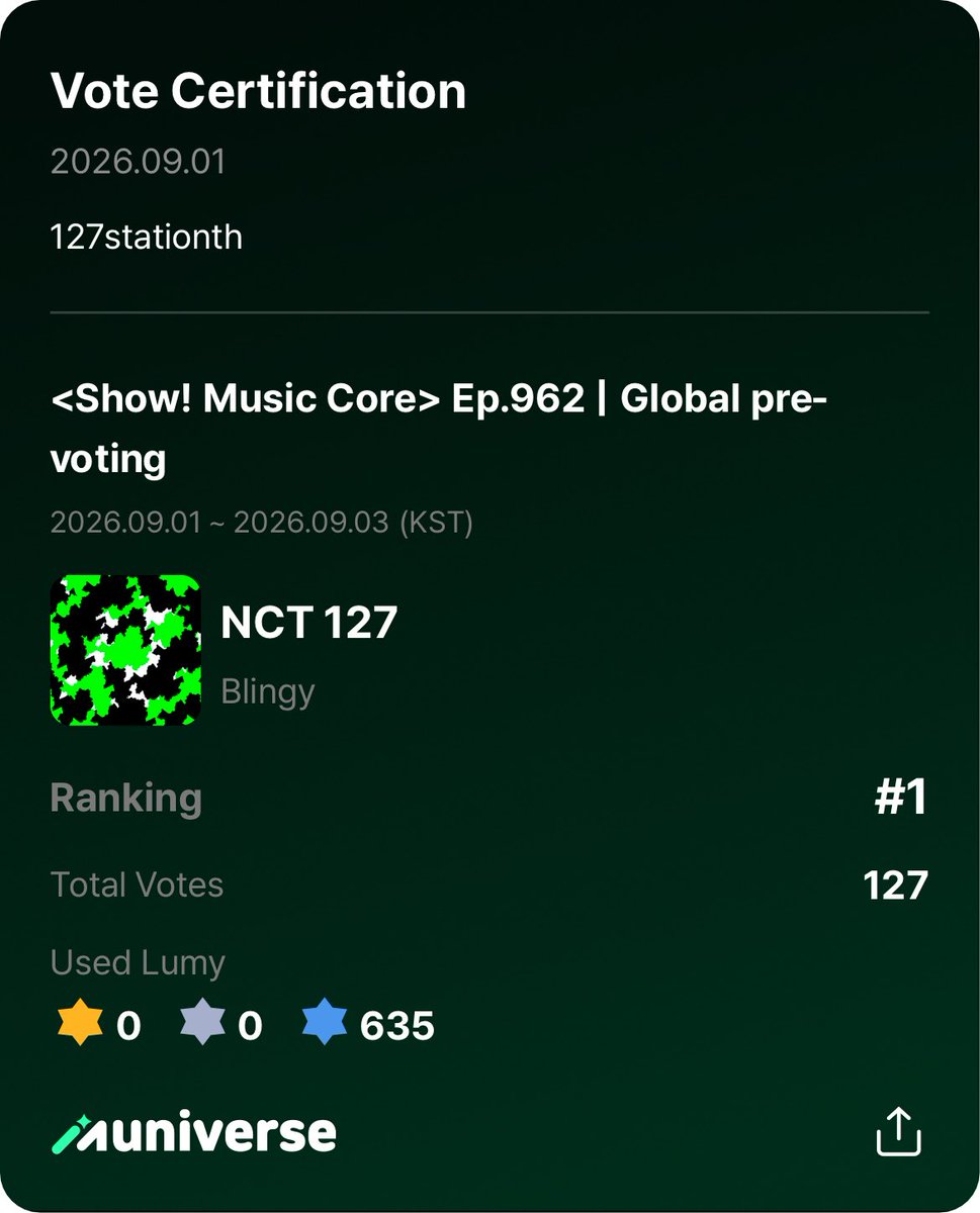 127stationth's tweet photo. 📢 Pre-Vote รายการ Show! Music Core (ep.962) แอป Muniverse & Mubeat 🗳️

NCT 127 มีโอกาสชนะถ้วยรายการ Show! Music Core มากที่สุด❗️อย่าลืมไปโหวตกันนะคะ 🥺

🗓 ปิดโหวต 03/09 เวลา 09:00น. (ไทย) โหวตได้ไม่จำกัด ทั้ง 2 แอป
📥 Muniverse ➡️ 1 vote = 5 Ad Lumy 💙
🔗 https://t.co/rSi8Rvk4fC

📥 Mubeat ➡️ 1 vote = 3 Heart Beats 💜
🔗 https://t.co/gldnvB3yEO

ยืมแอคสำหรับเก็บโหวต @127HOUSE 🏠

#ใครๆก็โหวต127 #เฉิดฉายสไตล์บลิงงี่
#NCT127  #BLINGY  @NCTsmtown_127