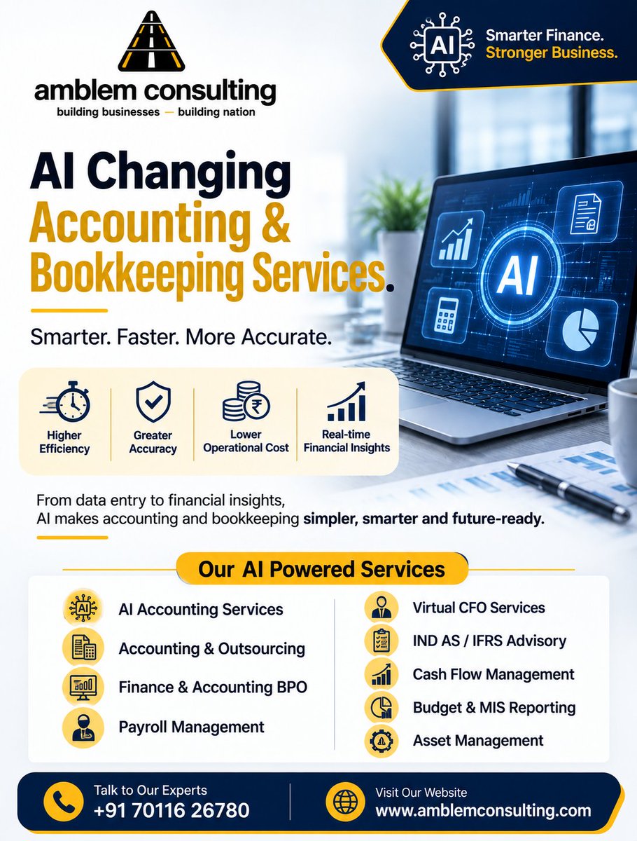 amblemcon24's tweet photo. AI-powered accounting makes bookkeeping smarter, faster, and more accurate—so you can focus on business growth.
Transform your finance function with Amblem Consulting’s AI-driven accounting solutions.
#AIAccounting #AIInFinance #AccountingServices #Bookkeeping  #FinanceBPO https://t.co/jYYw6A1gMJ