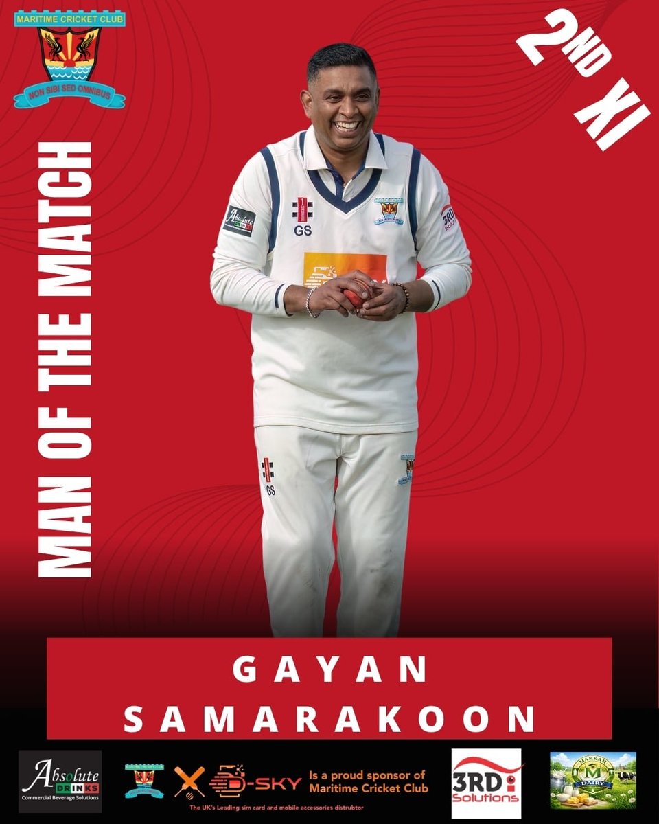 MaritimeC_C's tweet photo. Our 2nd XI Captain Gayan is having a fantastic season, he smashed it again on Saturday and is this week's 2nd XI Man of the Match!!!

Gayan scored an amazing 85 runs not out!!!👌🏏🙌👍 Way to go Captain 👏 👏 👏 

#cricket #maritimecc #manofthematch https://t.co/dntwAy5EfO