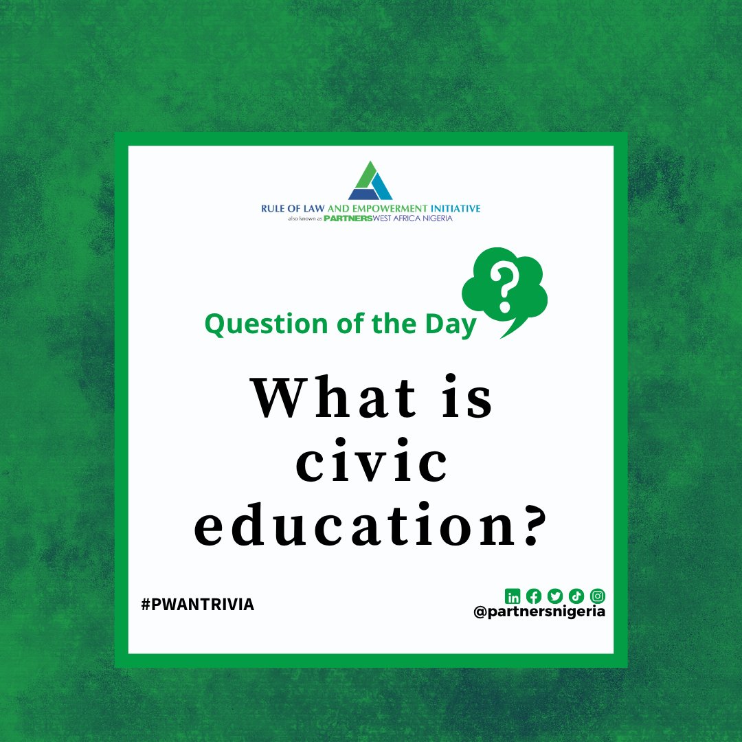 partnersnigeria's tweet photo. Partners West Africa Nigeria (PWAN) Trivia Time!

Be the first to guess correctly and get a shout out or heads up when we have an event!!

To qualify, follow us on social media @partnersnigeria and tag two friends to follow and share the post as well.

The winner will be announced on Thursday. Good luck! 
 
Question for the day: What is civic education?

Please Note: Participants are required to enter their answers only on one social media platform.

#PWAN #partnersnigeria #PWANTrivia #StayTuned