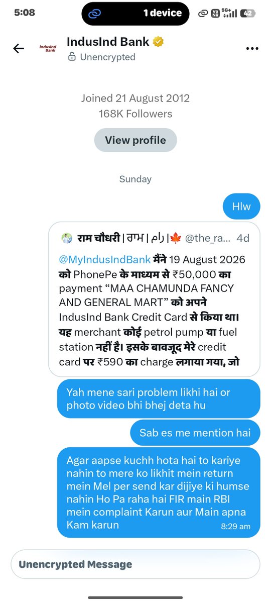 the_ram41's tweet photo. @MyIndusIndBank Teen din ho gaye DM kiye hue 10 din ho gaye report likhaye hue fir bhi Koi aapane action nahin liya jab man Kiya Bina Marji ke paise Kat liye aise hi FIR aapka log 22000 loan lekar bhag jaate Hain https://t.co/J413W3TYkb