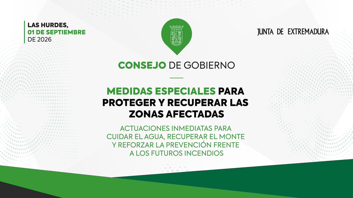 Junta_Ex's tweet photo. La @Junta_Ex impulsará actuaciones concretas para proteger el agua, recuperar el terreno afectado, mejorar los montes y reforzar la prevención de incendios forestales.

Estas medidas complementarán las ayudas a las familias y sectores económicos afectados 👇

#ConsejoGobiernoEXT https://t.co/3si8cQxxc9
