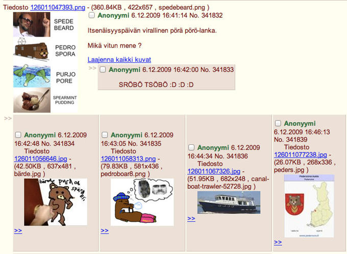 LhuDev's tweet photo. i think i just found one of the deepest pieces of old internet lore ive ever seen

i've found screenshots, where spurdo, one of the oldest 4chan memes was being created

images of spurdo:
https://t.co/L4hXeul2Ww

u can watch the character being drawn worse and worse in real time while the name slowly mutates from pedobear into spede beard, pedro spora, purjo pore and eventually spurdo spärde

the whole meme was made to look terrible on purpose, and is insanely popular

it has been used for over 15 years now

it eventually escaped 4chan and became an entire meme universe with characters like gondola, benis and american bear

https://t.co/PrZWqzE7gX

theres even an 11 year old comment on knowyourmeme pointing out how much spurdo looks like a coloured inn pepe

15+ years of imageboard history sitting inside one meme and somehow he still hasn't ran yet

actually insane how much lore this has

spurdo, welcome to solana

$SPURDO

https://t.co/cNi5YJ83dA