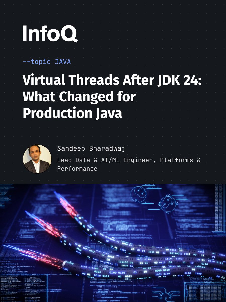 InfoQ's tweet photo. #VirtualThreads changed in JDK 24 & 25.
JEP 491 fixes monitor pinning, but bottlenecks now shift to connection pools, rate limiters, and ThreadLocal caches.
Learn what to audit before adopting them, backed by a public benchmark β€ https://t.co/BdM8SsJacX
#Java #JDK25 #JEPs https://t.co/NaNh1ltvt4