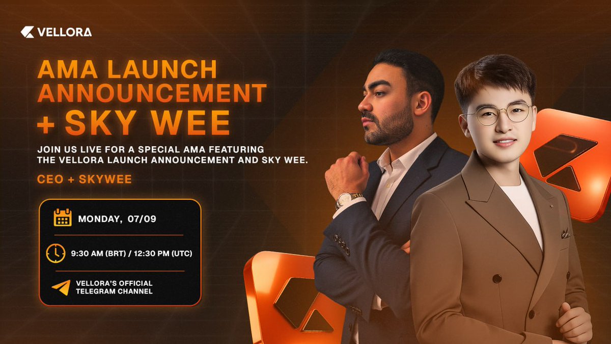 appvellora's tweet photo. 🚨 VELLORA'S MOST IMPORTANT AMA IS COMING!

The wait is almost over.

On Monday, our CEO goes live with Sky Wee to discuss some of the biggest updates coming to Vellora:

- The highly anticipated official VELL token launch date

- Vellora's international expansion strategies

- What's being built behind the scenes

- And... could VC be on the radar?

Don't miss it.

📆 Monday — 07/09
⏰ 9:30 AM BRT | 12:30 PM UTC
📍 Vellora Official Telegram Channel
The launch is getting closer. See you at the AMA.

#Vellora #VELL #Crypto #Web3 #AMA #SkyWee