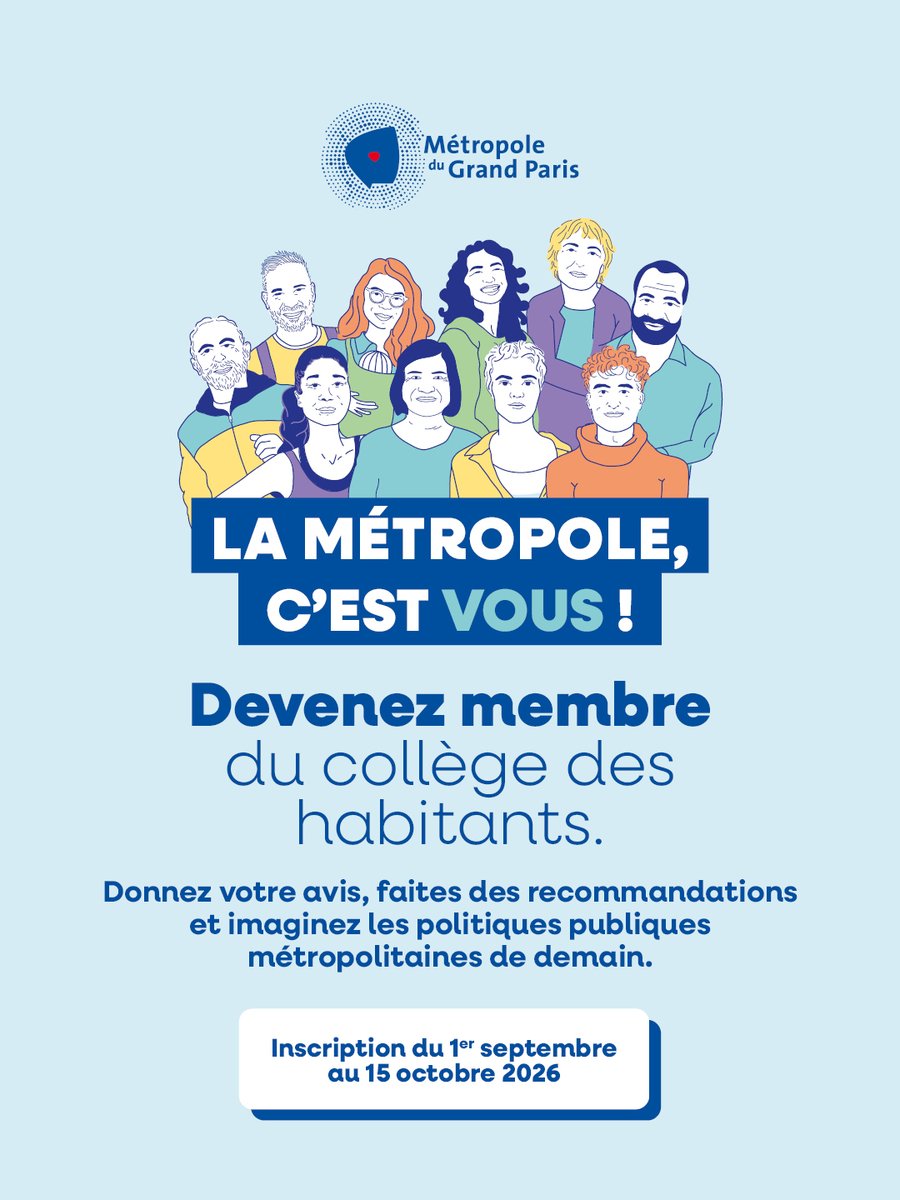 GrandParisMGP's tweet photo. Vous habitez dans l'une des 130 communes de la Métropole et souhaitez construire une Métropole innovante, solidaire et citoyenne ? Devenez membre du #CoDev de la Métropole du Grand Paris et éclairez les politiques publiques qui seront mises en œuvre demain.
Inscription du 1er septembre au 15 octobre➡️ https://t.co/0WtJB6jjFZ