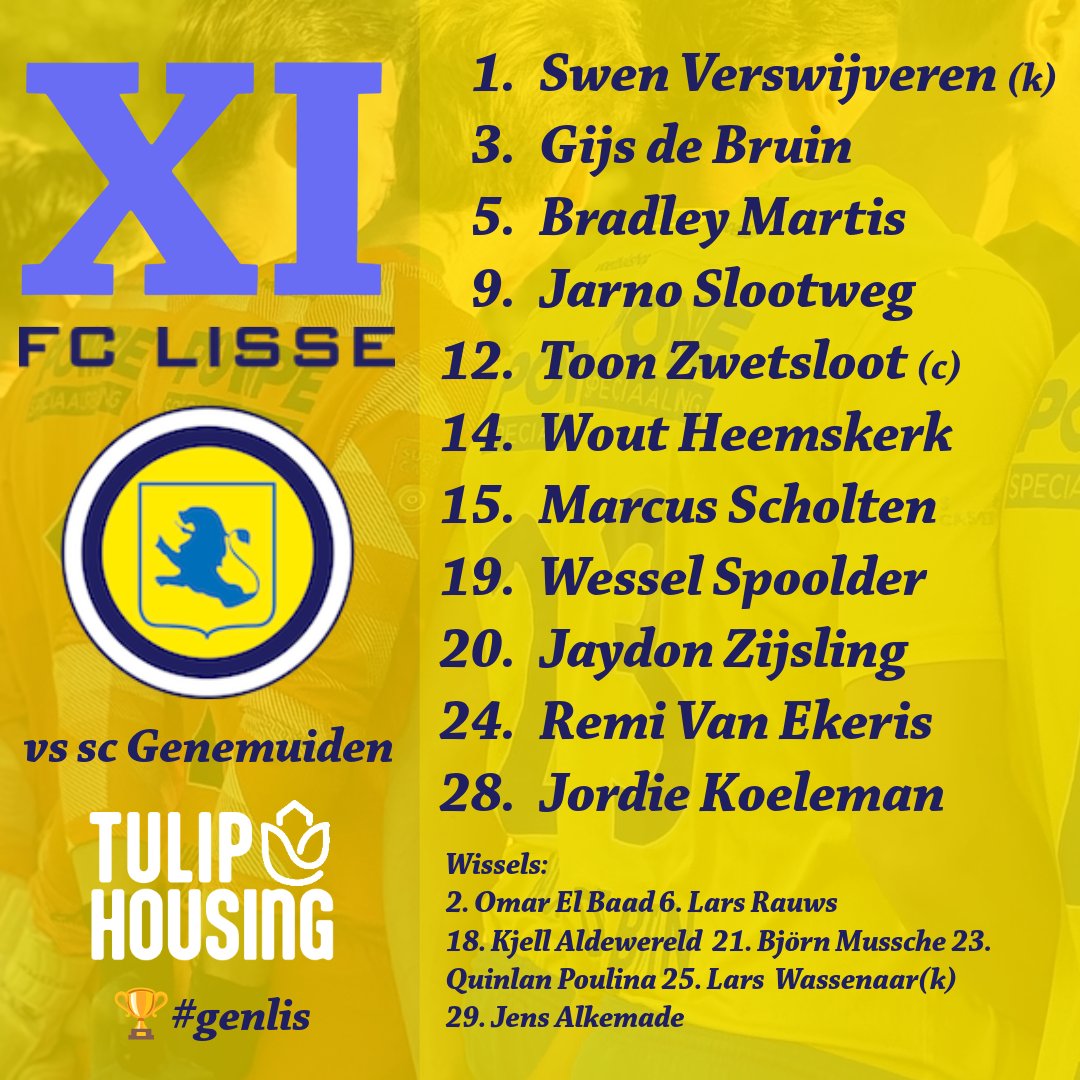 FCLisse's tweet photo. 🔵🟡 OPSTELLING FC LISSE 🔵🟡 

De matadoren voor vanavond in de eerste kwalificatieronde voor de Eurojackpot KNVB Bekerwedstrijd tegen @scgenemuiden. 

#genlis #knvb #bekervoetbal #lisse https://t.co/GBnG7gMuFW