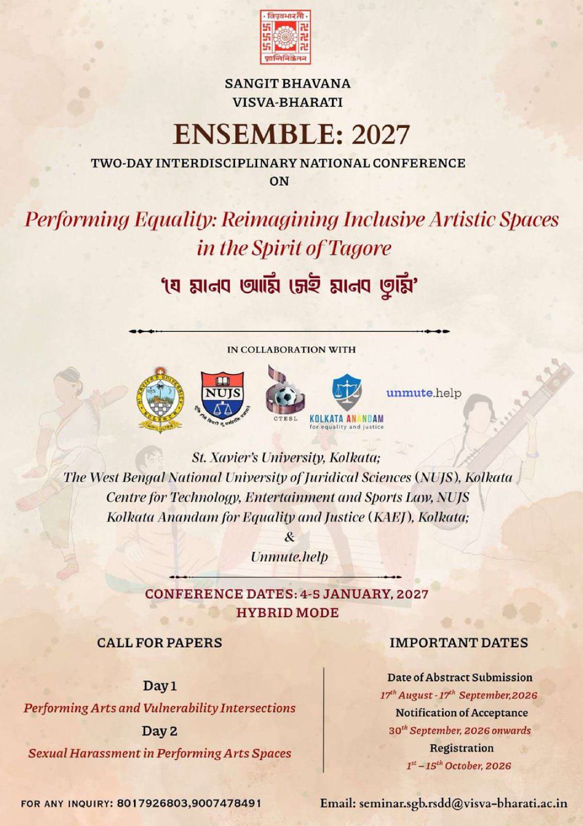 VisvaBharatiPRO's tweet photo. ENSEMBLE 2027 | Two-Day Interdisciplinary National Conference
#VisvaBharati #SangitBhavana #CallForAbstracts #Ensemble2027 https://t.co/j7ahF8ezHZ