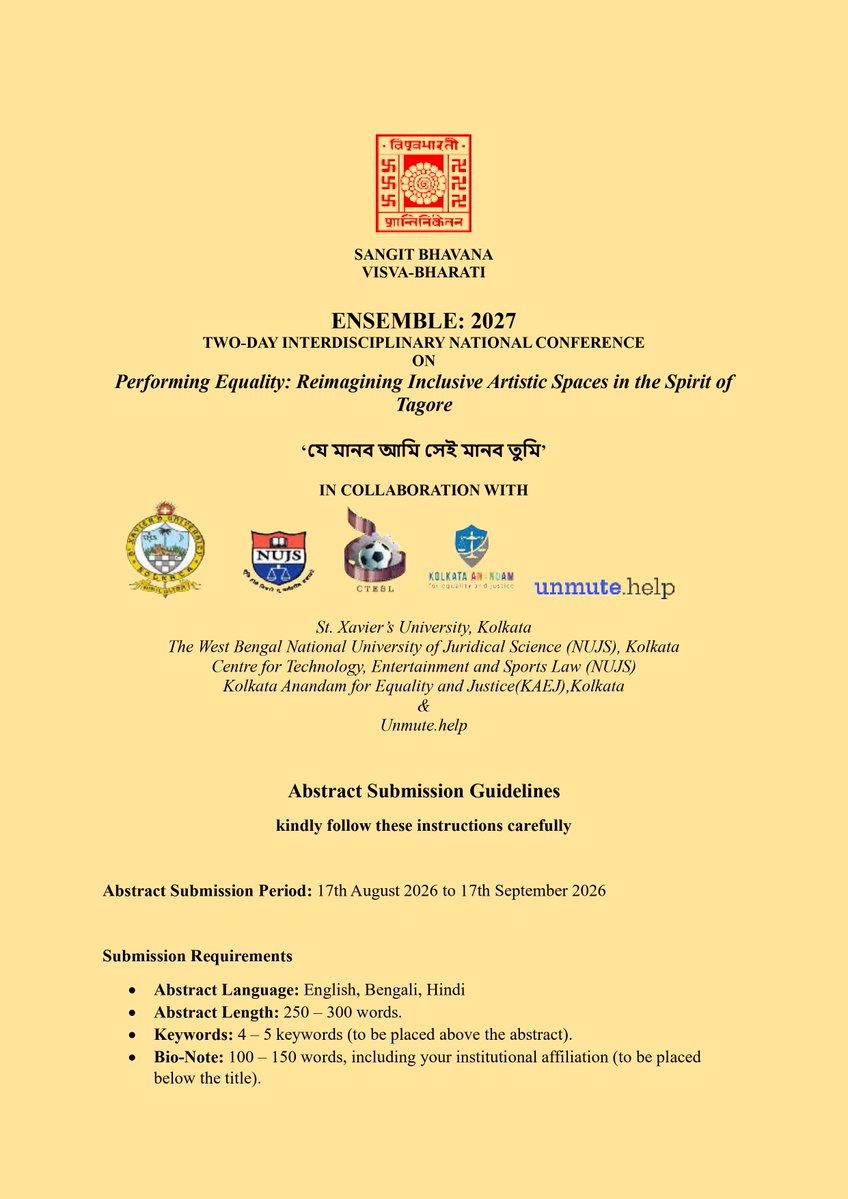 VisvaBharatiPRO's tweet photo. ENSEMBLE 2027 | Two-Day Interdisciplinary National Conference
#VisvaBharati #SangitBhavana #CallForAbstracts #Ensemble2027 https://t.co/j7ahF8ezHZ