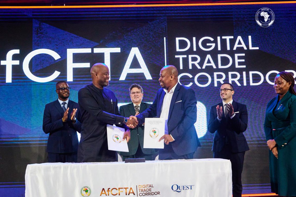 AfCFTA's tweet photo. The #AfCFTA Secretariat and #Quest Ghana Limited have signed a Joint Venture Agreement to establish the $5.17 billion #AfCFTA Digital Trade Corridor, with sovereign support from the Republic of #Seychelles.

Read the full announcement here:
https://t.co/VWO4b5Vdlh

#AfCFTA #DigitalTrade #IntraAfricaTrade #AfCFTAImplementation #DigitalEconomy #AfricaTrade #AfricanContinentalFreeTradeArea #TradeInAfrica #Seychelles #QuestGhana
