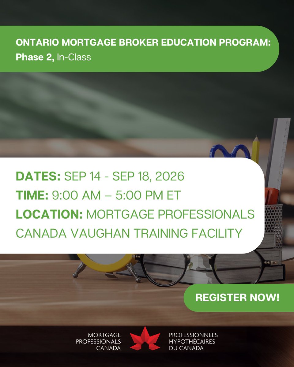 MortgageProsCan's tweet photo. 📚 Back to school, Ontario!

Fall is a great time to invest in your career. Whether you’re taking your first step toward becoming a licensed mortgage agent or continuing your journey toward becoming a mortgage broker, we have upcoming courses to help you get there.

🎓 Here’s what’s coming up:
Ontario Mortgage Agent Course – Level 1
Sep 5 - Oct 3 | Saturdays, 9:00 AM - 4:30 PM ET

Ontario Mortgage Agent Course – Level 1
Sept. 14 - 25 | Weeknights, 6:00 – 9:00 PM ET

Ontario Mortgage Broker Education Program – Phase II
Sept 14 - 18 | 9:00 AM – 5:00 PM
📍 Mortgage Professionals Canada Vaughan Training Facility

Whether you’re a weekend learner, an evening student or ready for the next step in your broker journey, there’s a classroom waiting for you this fall.

Let’s get learning!
Ontario Mortgage Agent Course – Level 1:
https://t.co/cE6NVP9wab 
Ontario Mortgage Broker Education Program – Phase II:
https://t.co/rD6miniTVB 

#MortgageEducation #MortgageCareer #MortgageAgent #MortgageBroker #OntarioMortgage #BackToSchool