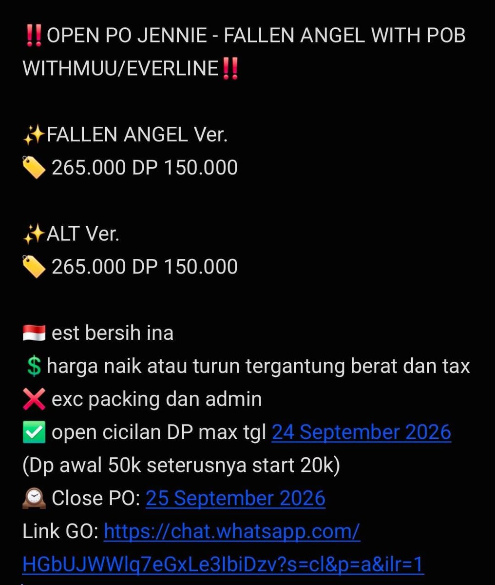 dwiluvitasari99's tweet photo. ‼️OPEN PO JENNIE - FALLEN ANGEL WITH POB WITHMUU/EVERLINE‼️
🇮🇩 est bersih ina
💲harga naik atau turun tergantung berat dan tax
❌️ exc packing dan admin
✅ Open Cicilan DP
🕰️ Close PO: 25 September 2026
#wts #preorder #jennie #fallenangel #POB #album #GrupOrder #girlgrup #kpop https://t.co/9W2MBfnbfk